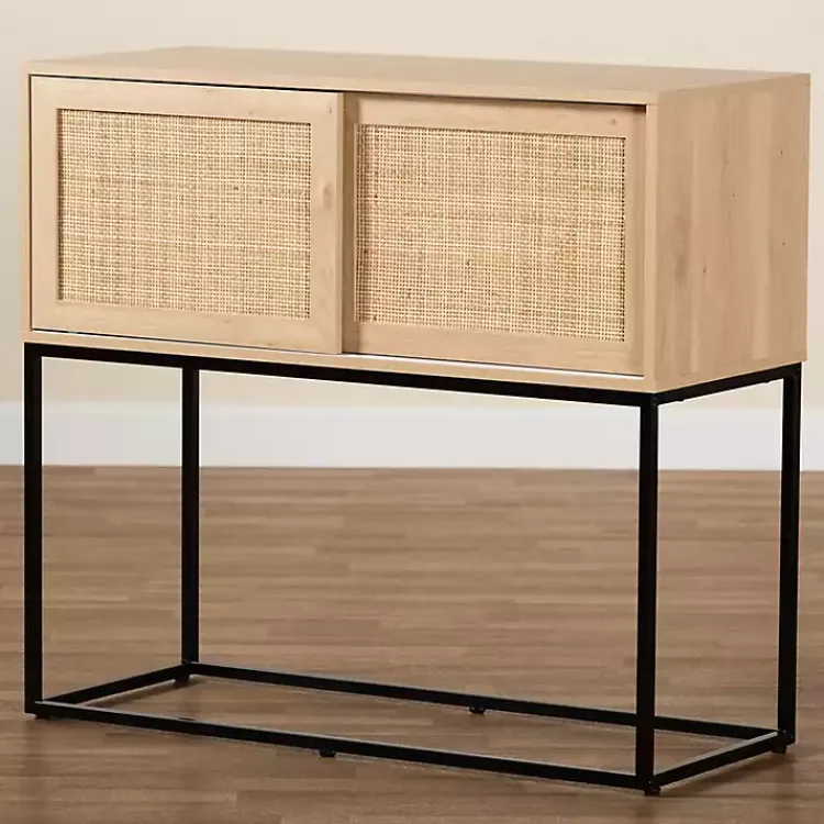Kirklands Home Cabinets & Sideboards|Light Wood and Rat Sliding Door Cabinet Tan