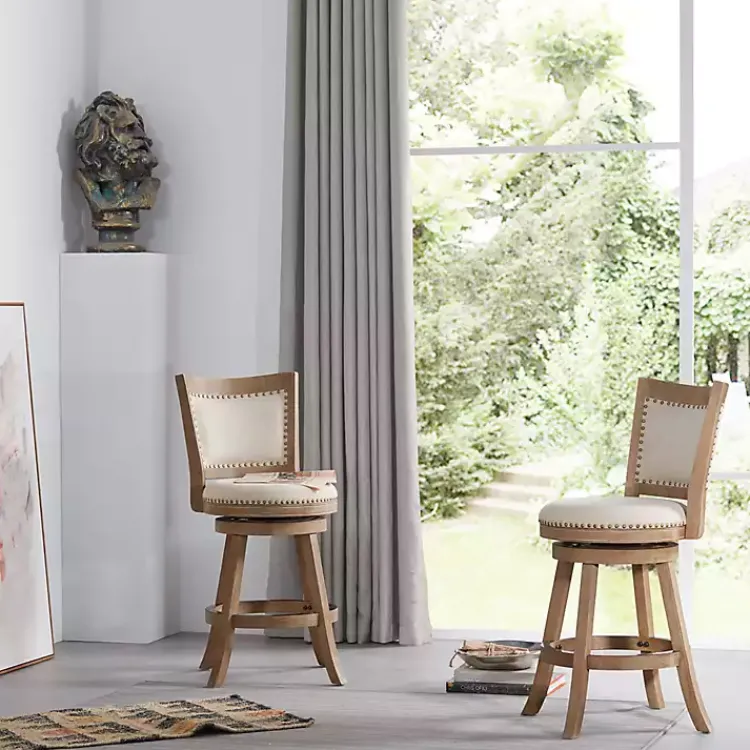 Kirklands Home Bar Stools & Counter Height Stools|Linen and Driftwood Nailhead Swivel Counter Stool Ivory