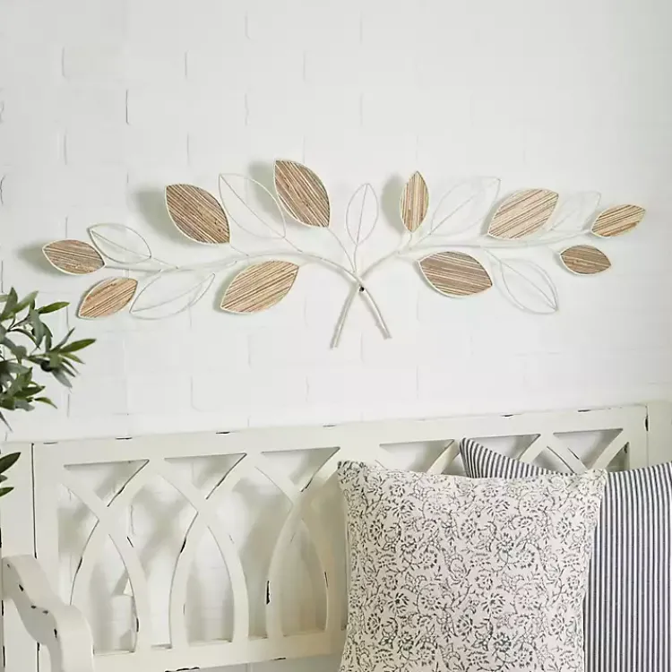 Kirklands Home Wall Plaques|Long White Metal and Reed Leaf Wall Plaque