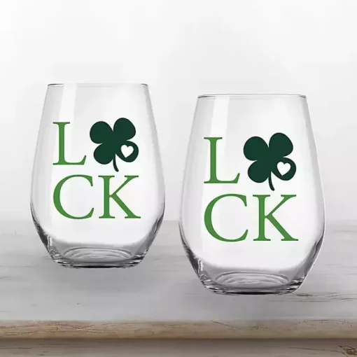 Sale Luck Shamrock Stemless Wine Glasses, Set of 2 St Patricks Day Decorations