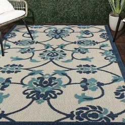 Kirklands Home Outdoor Rugs|Lyla Blue Floral Damask Indoor/Outdoor Rug, 5x8