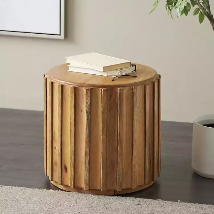 Kirklands Home Accent & End Tables|Mango Wood Ridged Drum Accent Table Brown