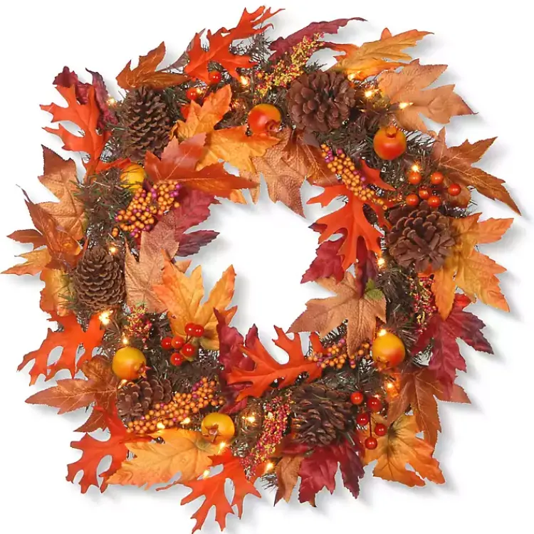 Online Maple Berry Pinecone Pre-Lit Harvest Wreath Wreaths