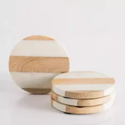 Kirklands Home Kitchen Accessories|Marble and Wood Striped Coasters, Set of 4