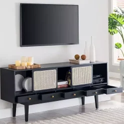 Kirklands Home Tv Stands & Media Consoles|Matilda Midcentury Woven Cane Media Cabinet Black