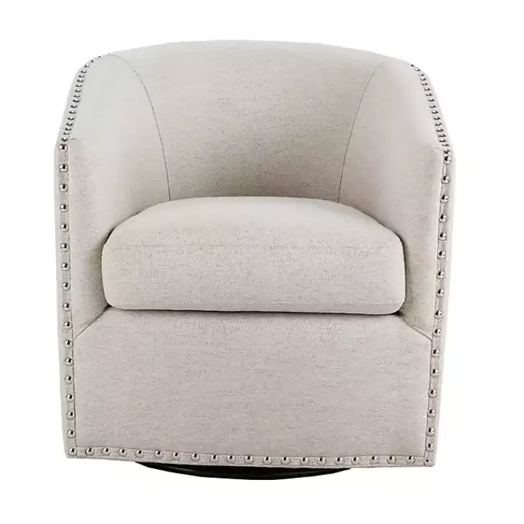 Kirklands Home Accent Chairs|Metro Club Natural Swivel Chair with Nailhead Trim Ivory
