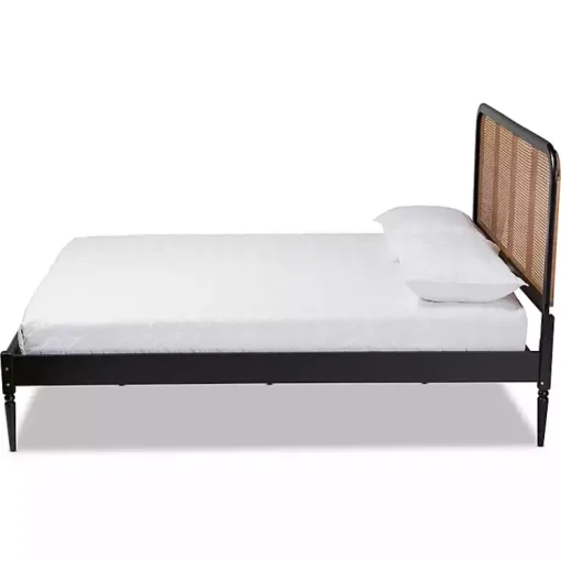 Kirklands Home Beds & Headboards|Mid-Century Black Wood Rattan Queen Platform Bed