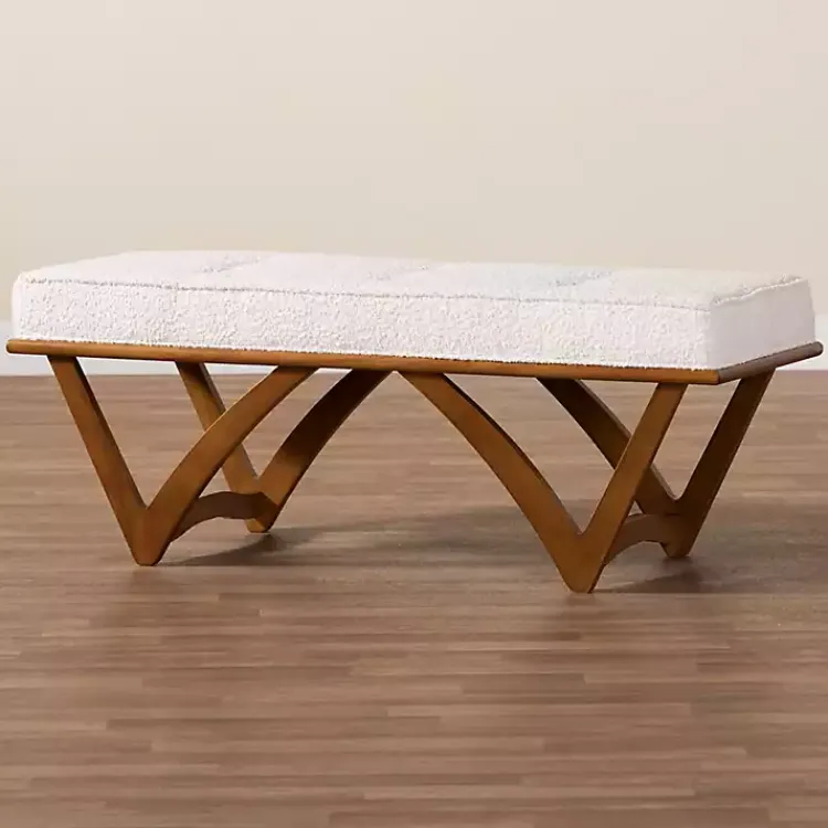 Kirklands Home Benches & Ottomans|Mid-Century Modern Boucle Angled Bench White