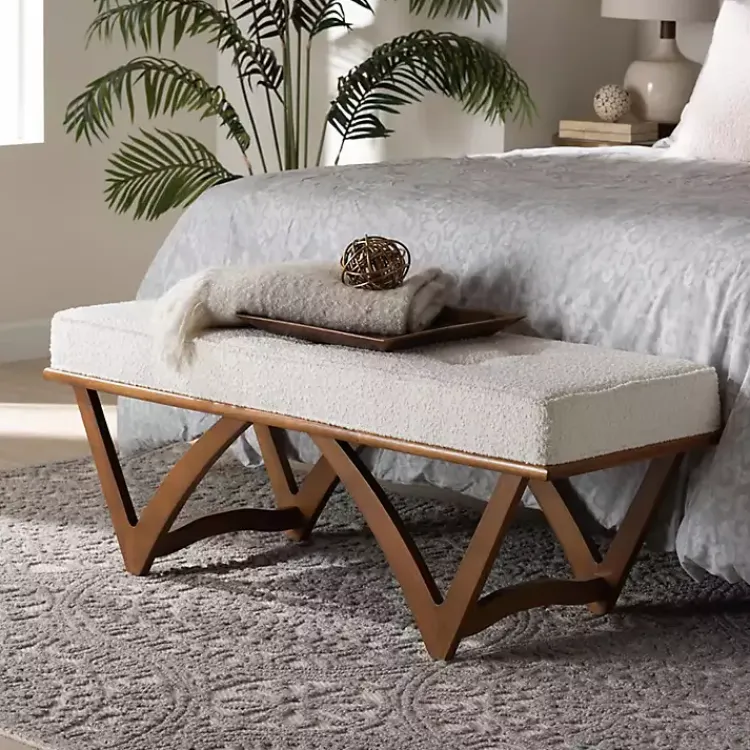 Kirklands Home Benches & Ottomans|Mid-Century Modern Boucle Angled Bench White
