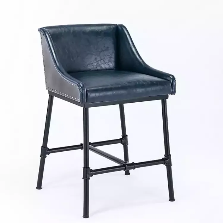 Kirklands Home Bar Stools & Counter Height Stools|Midnight Faux Leather Parlor Bar Stool Blue