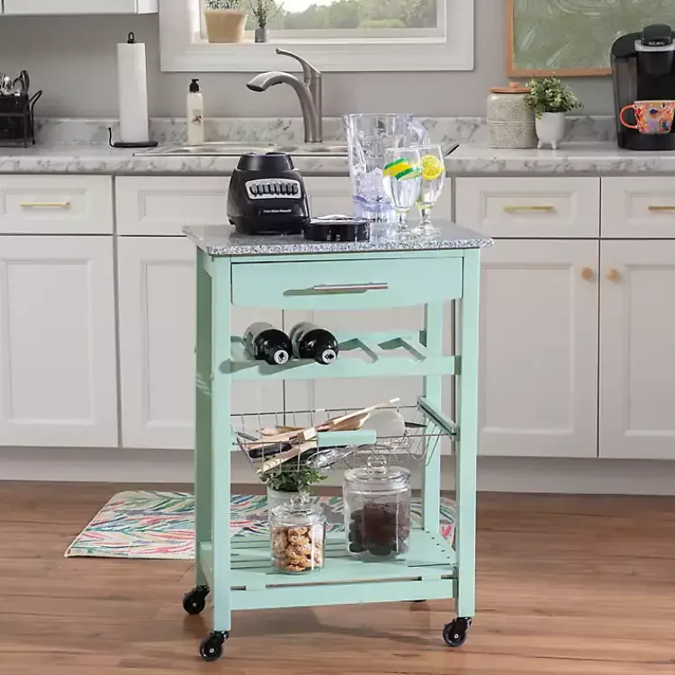 Kirklands Home Kitchen Islands & Bar Carts|Mint Rolling Kitchen Cart with Granite Top Green