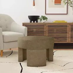 Kirklands Home Benches & Ottomans|Mocha Round Upholstered Ottoman Brown