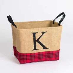 Hot Monogrammed K Red and Black Plaid Jute Bin Baskets & Boxes