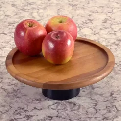 Kirklands Home Serving & Entertaining|Natural Acacia Wood Cake Stand with Black Base