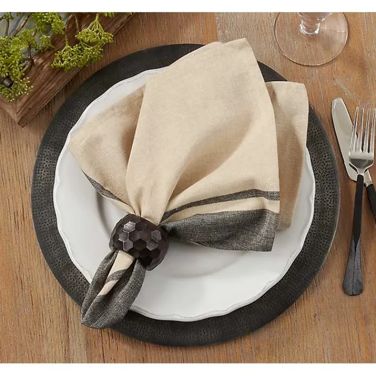 Kirklands Home Table Linens|Natural and Black Banded Cotton Napkins, Set of 4