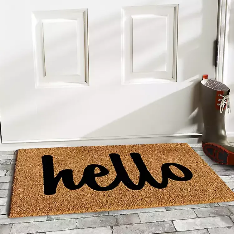 Kirklands Home Doormats|Natural and Black Coir Hello Doormat, 29x17 in.