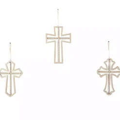 Kirklands Home Wall Plaques|Natural Beaded Wood Cross Wall Plaques, Set of 3 Tan