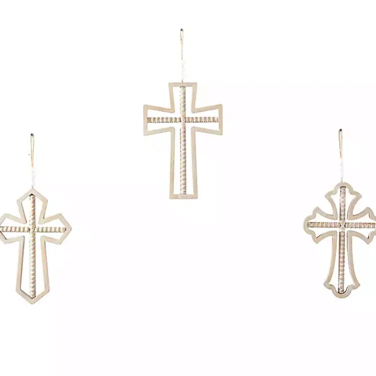 Kirklands Home Wall Plaques|Natural Beaded Wood Cross Wall Plaques, Set of 3 Tan