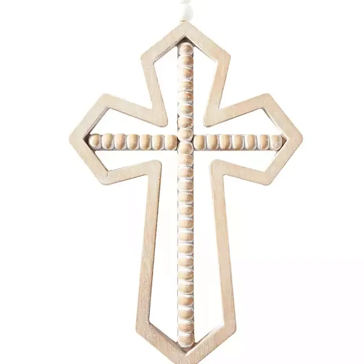 Kirklands Home Wall Plaques|Natural Beaded Wood Cross Wall Plaques, Set of 3 Tan