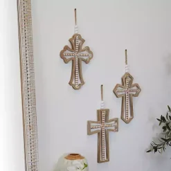 Kirklands Home Wall Plaques|Natural Beaded Wood Cross Wall Plaques, Set of 3 Tan