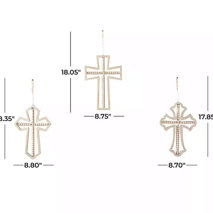 Kirklands Home Wall Plaques|Natural Beaded Wood Cross Wall Plaques, Set of 3 Tan
