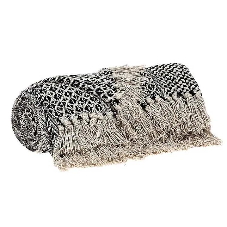 Outlet Natural Gray Tribal Wool Tassel Throw Blankets & Throws