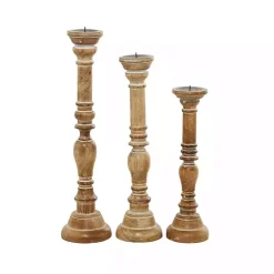 Clearance Natural Mango Wood Carved Candle Holders, Set of 3 Candle Holders