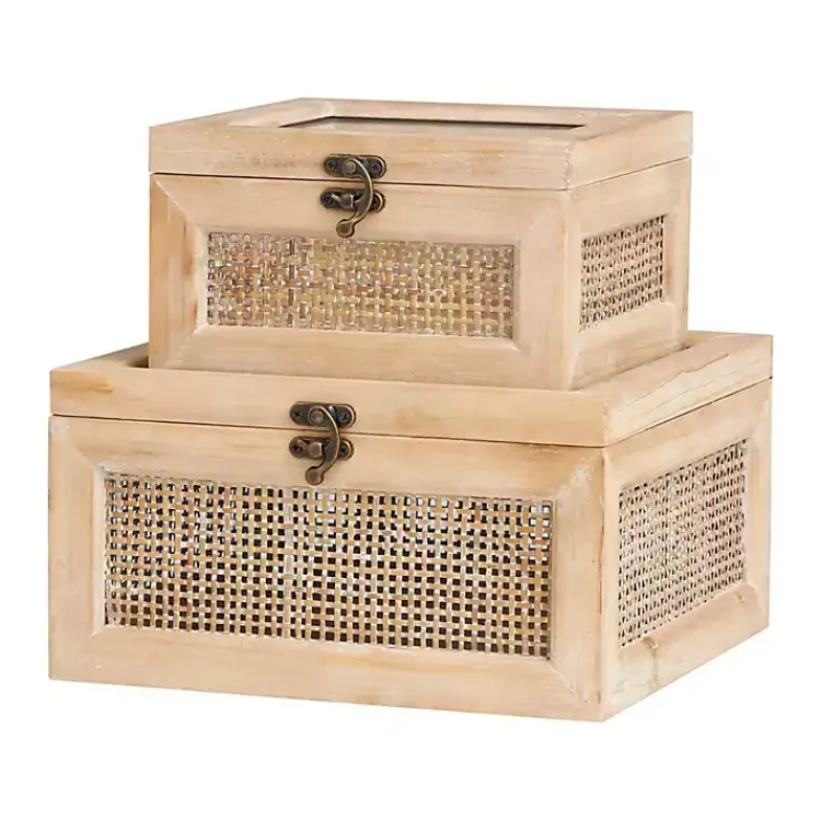 Hot Natural Rat and Glass Top Boxes, Set of 2 Baskets & Boxes