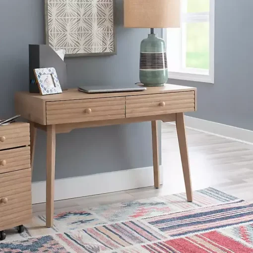 Kirklands Home Office Furniture|Natural Ripples 2-Drawer Wood Desk Brown