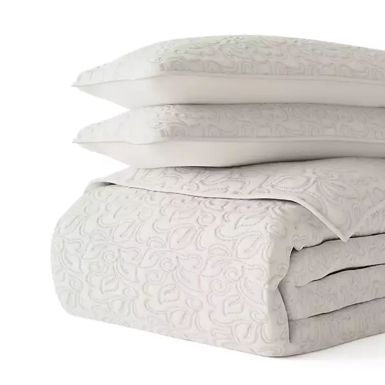 Kirklands Home Quilts|Natural Stitched Floral 3-pc. King Quilt Set Ivory