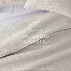 Kirklands Home Quilts|Natural Stitched Floral 3-pc. King Quilt Set Ivory