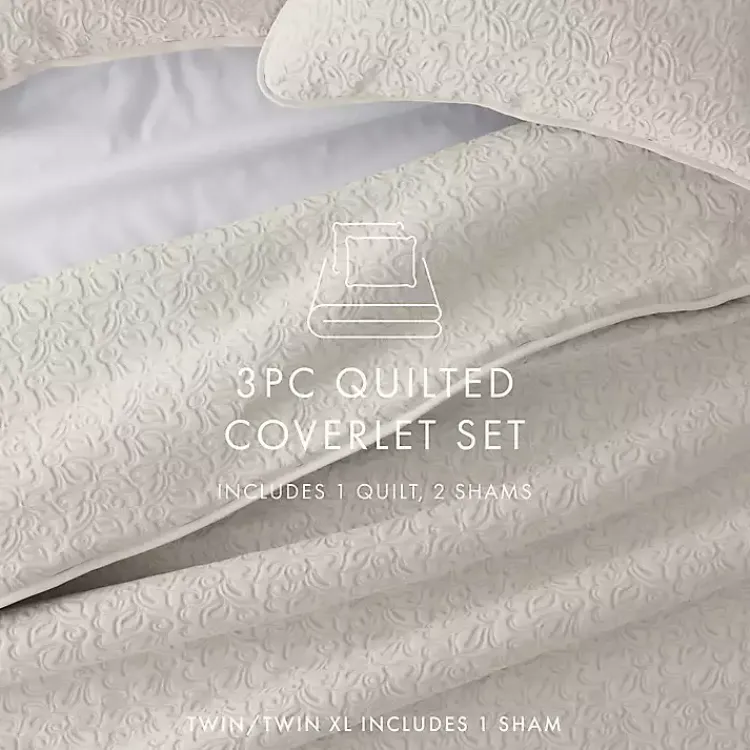 Kirklands Home Quilts|Natural Stitched Floral 3-pc. King Quilt Set Ivory