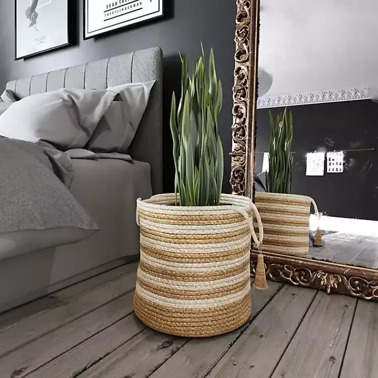 Sale Natural Striped Jute Basket with Handles, 19 in. Baskets & Boxes