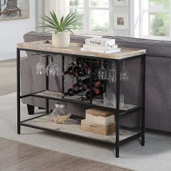 Kirklands Home Console Tables|Natural Wood & Black Metal Wine Rack Console Table