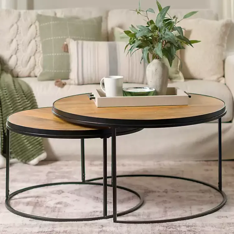 Kirklands Home Coffee Tables|Natural Wood & Metal 2-pc. Coffee Table Set Tan