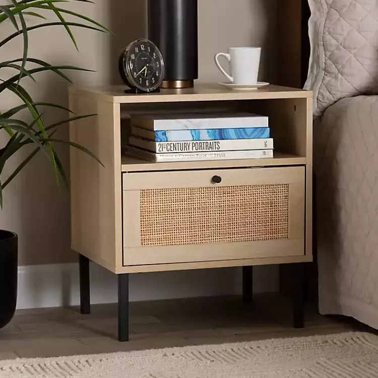 Kirklands Home Nightstands|Natural Wood and Metal Storage Shelf Nightsd Tan