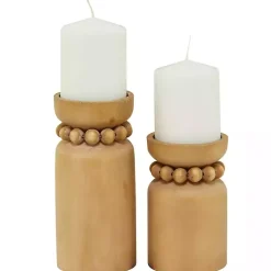 Natural Wood Beaded Candle Holders, Set of 2 Candle Holders