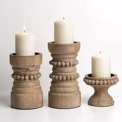 Outlet Natural Wood Beaded 3-pc. Pillar Candle Holder Set Candle Holders