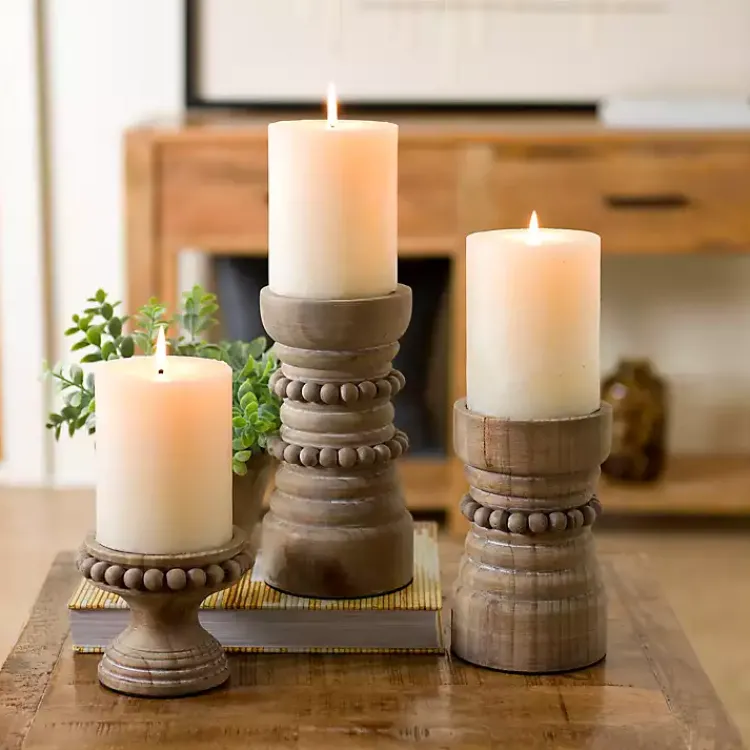 Outlet Natural Wood Beaded Pillar Candle Holder, 4 in. Candle Holders