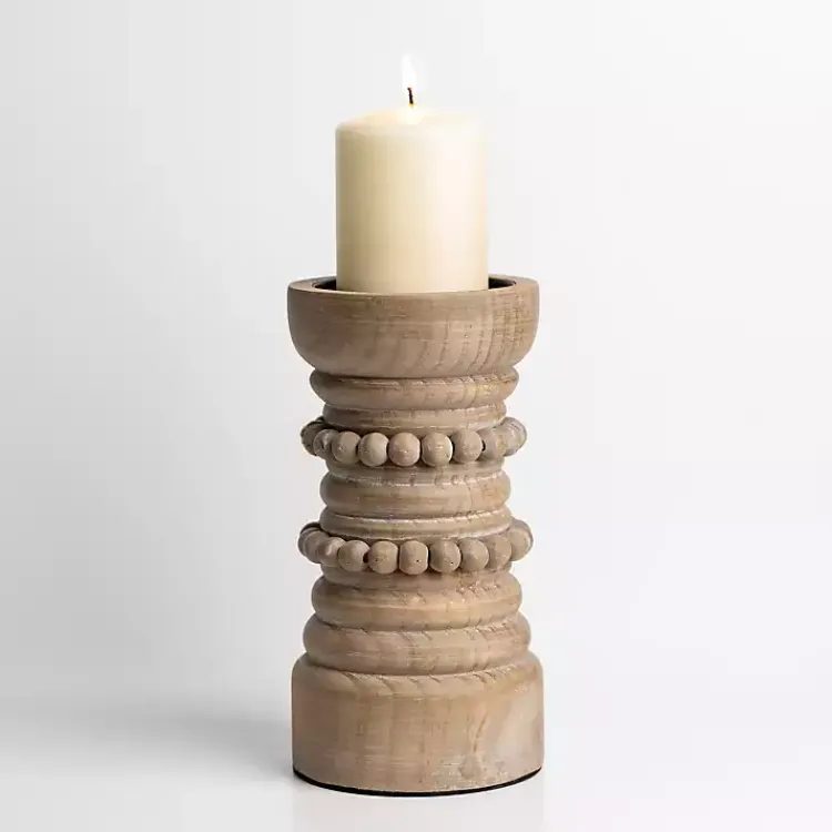 Clearance Natural Wood Beaded Pillar Candle Holder, 9 in. Candle Holders