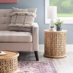 Kirklands Home Accent & End Tables|Natural Wood Carved Diamonds Accent Table Tan