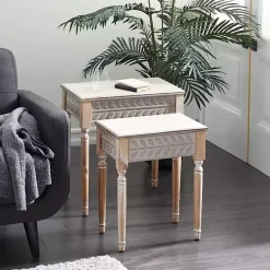 Kirklands Home Accent & End Tables|Natural Wood Carved Leaf Accent Tables, Set of 2