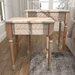 Kirklands Home Accent & End Tables|Natural Wood Carved Leaf Accent Tables, Set of 2