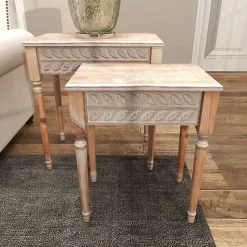 Kirklands Home Accent & End Tables|Natural Wood Carved Leaf Accent Tables, Set of 2
