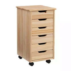 Kirklands Home Office Furniture|Natural Wood 6-Drawer Cary Storage Cart Tan