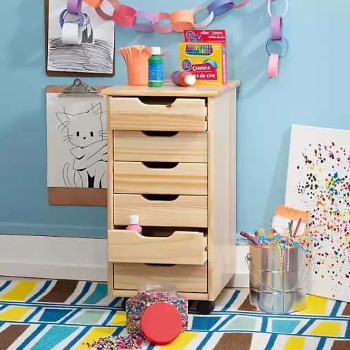 Kirklands Home Office Furniture|Natural Wood 6-Drawer Cary Storage Cart Tan
