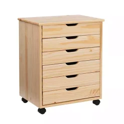 Kirklands Home Office Furniture|Natural Wood Wide 6-Drawer Cary Storage Cart Tan