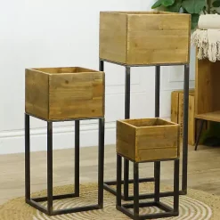 Kirklands Home Planters|Natural Wood with Metal Base Planters, Set of 3