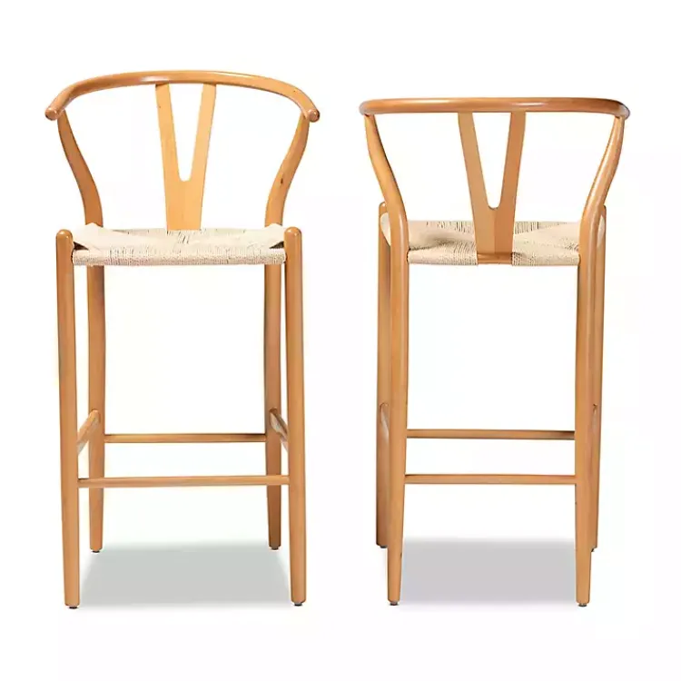 Kirklands Home Bar Stools & Counter Height Stools|Natural Wood Woven Yarn Seat Bar Stools, Set of 2 Tan