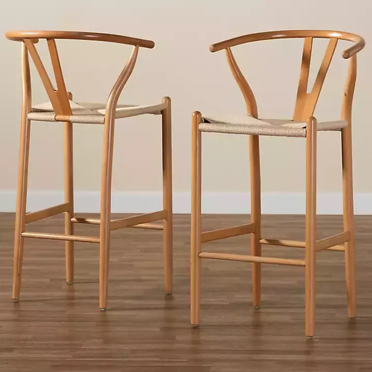 Kirklands Home Bar Stools & Counter Height Stools|Natural Wood Woven Yarn Seat Bar Stools, Set of 2 Tan